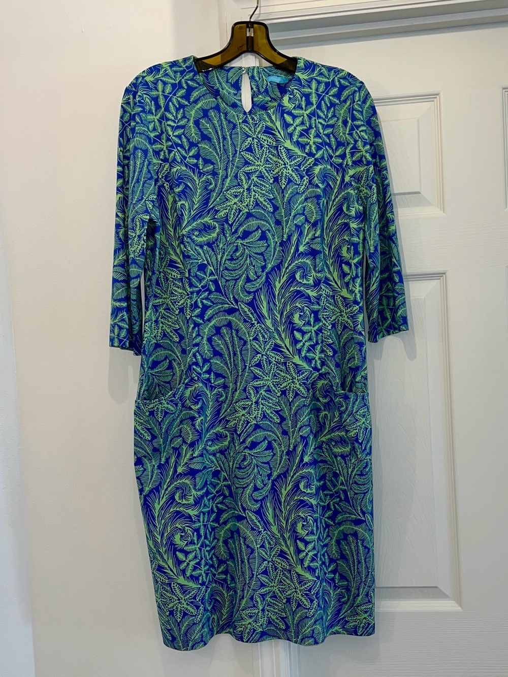 J. McLaughlin Sophia Blue and Green Leaf Print Dress